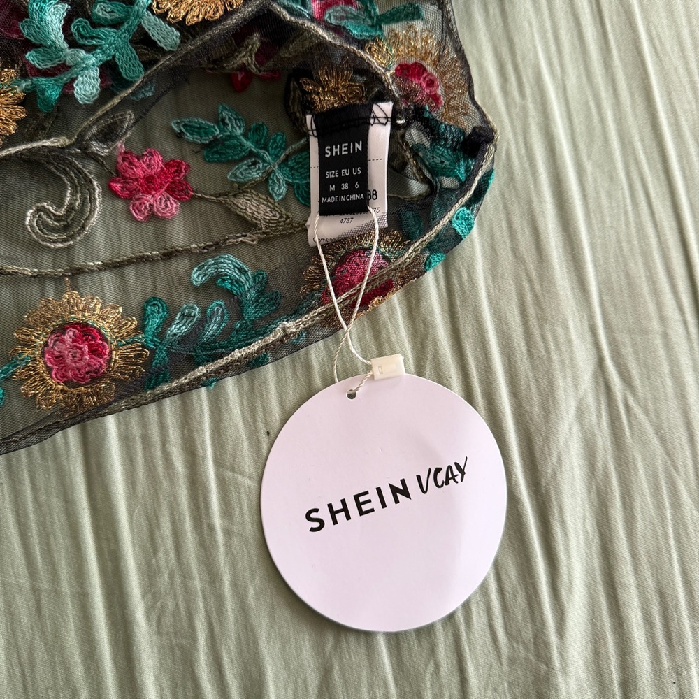Shein Embroidered Floral Leaf Sheer Black Mesh Crop Top Boho Festival - Picture 9 of 11